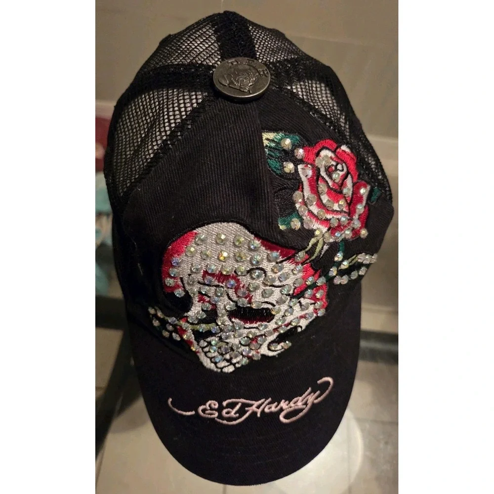 VTG Y2K Ed Hardy Rhinestones With Rose Love Kills Slowly Trucker Hat Snapback